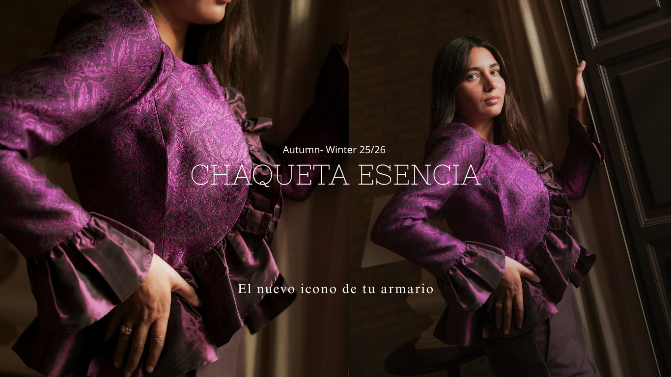 Nueva chaqueta esencia para otoño invierno color buganvilla estampada con volantes ideal para fiestas navidad vivolé horizontal